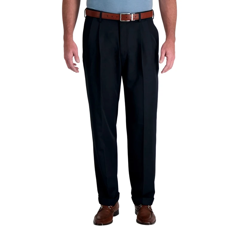 Haggar Men's Mynx Gabardine Pleat-Front Dress Pant with Hidden Expandable Waist, Navy, 42W x 29L