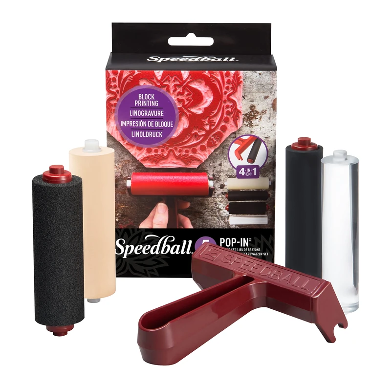 Speedball Pop-in 4-inch Brayer Foam, Hard Rubber and Acrylic, Paper, Black, Interchangeable Roller Kit