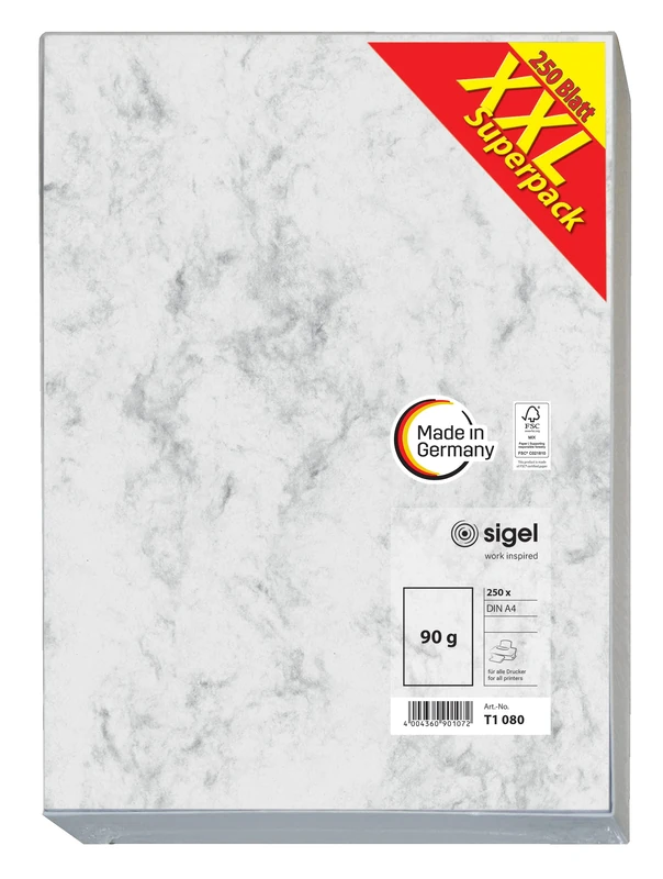 SIGEL T1080 Marbled Writing Paper, A4, 90 gsm double sided, Grey, 250 sheets - Image 1