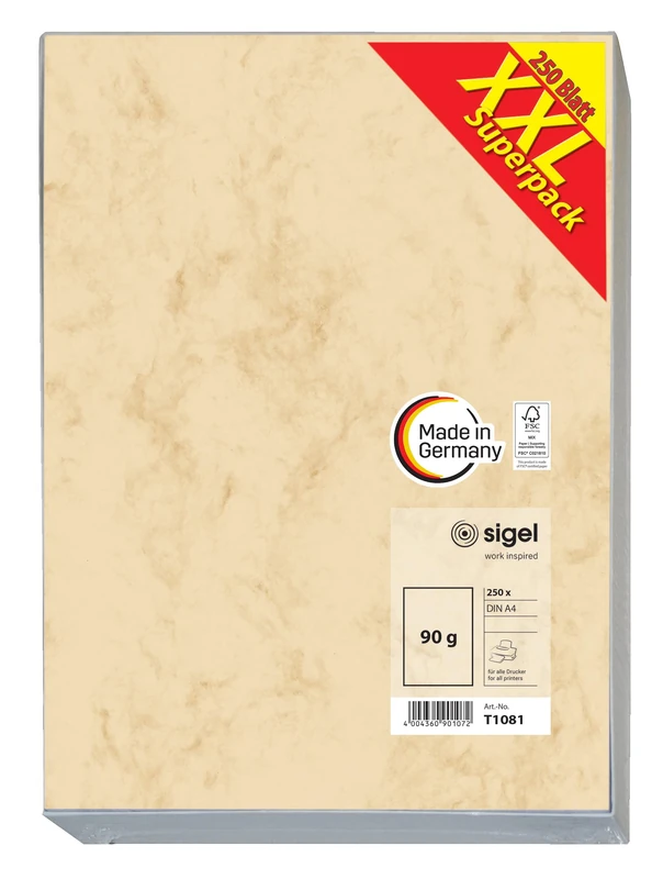 SIGEL T1081 Marbled Writing Paper, A4, 90 gsm double sided, Beige, 250 sheets