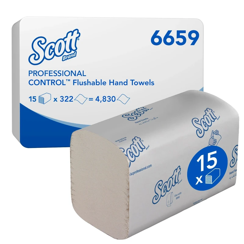Scott® Control™ Flushable Hand Towels 6659, White 1-Ply Folded Paper Towels with Safe Flush & Airflex™ Technology, FSC® & Ecolabel Certified, 15 Packs x 322 Sheets (4,830 Total)