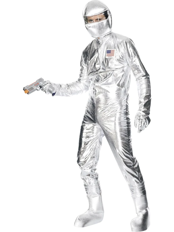 Smiffys Spaceman Costume, Silver with Jumpsuit, Hood, Gloves and Boot Covers, Icons & Idols Fancy Dress, Adult Dress Up Costumes