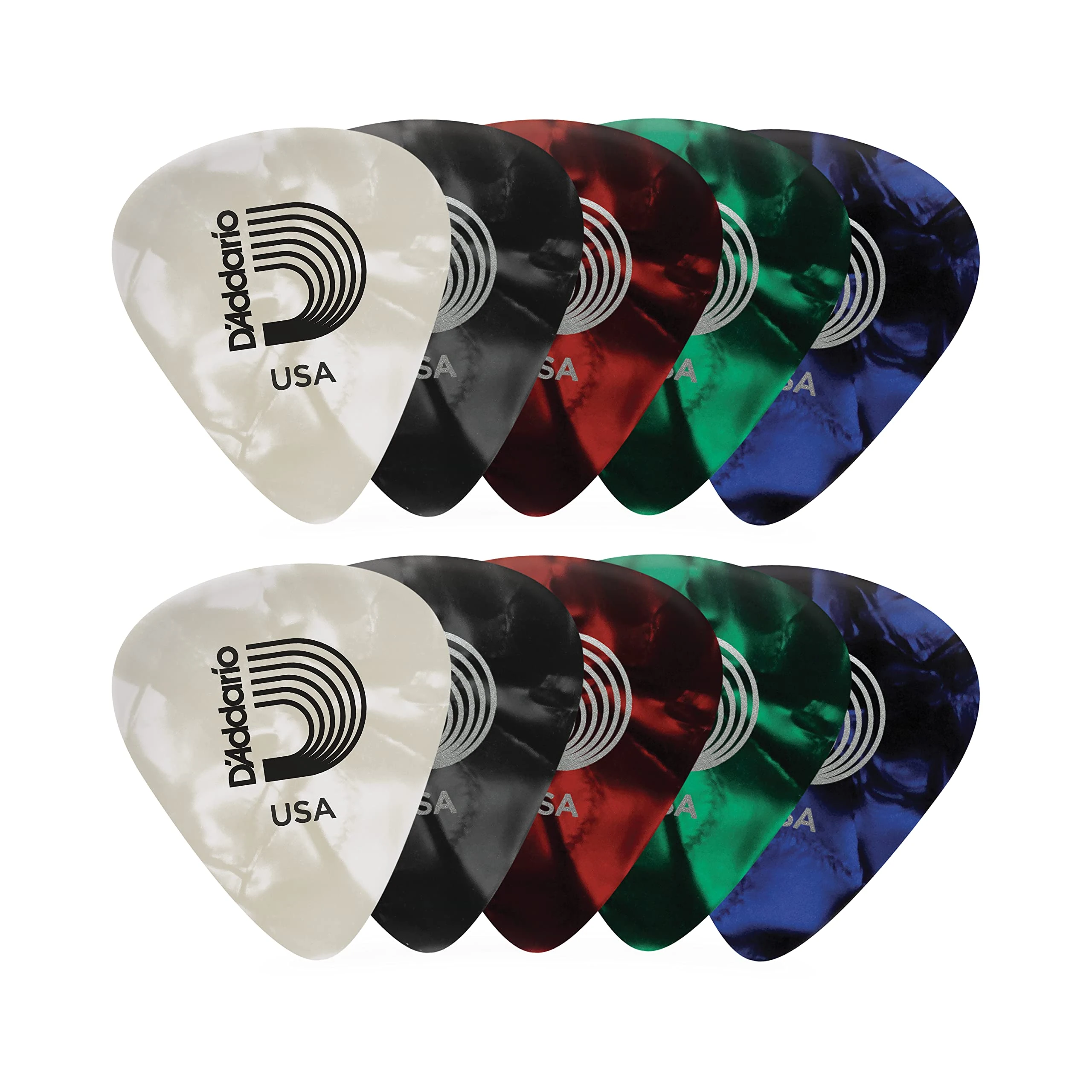D'Addario Celluloid Guitar Picks - Acoustic & Electric - Natural Feel, Warm Tone - Assorted, Medium, 10-pack