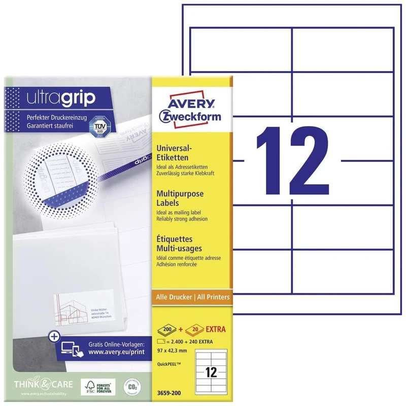 Avery Zweckform 3659-200 Universal Labels 97 x 42.3 mm for Inkjet Laser Copy White