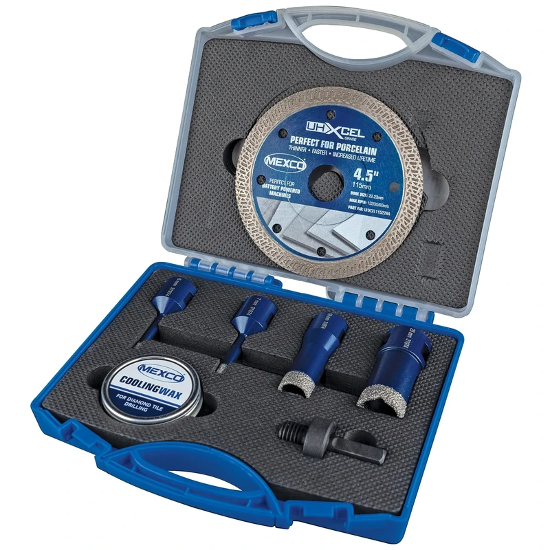 Mexco - Diamond Blade and Tile Drill Kit – 6mm, 7mm,18mm and 25mm M14 Wax filled Tile Drill Bits, 115mm Ultra Hard Materials Blade with M14 to Hex Adaptor, Cooling Wax and Carry Case