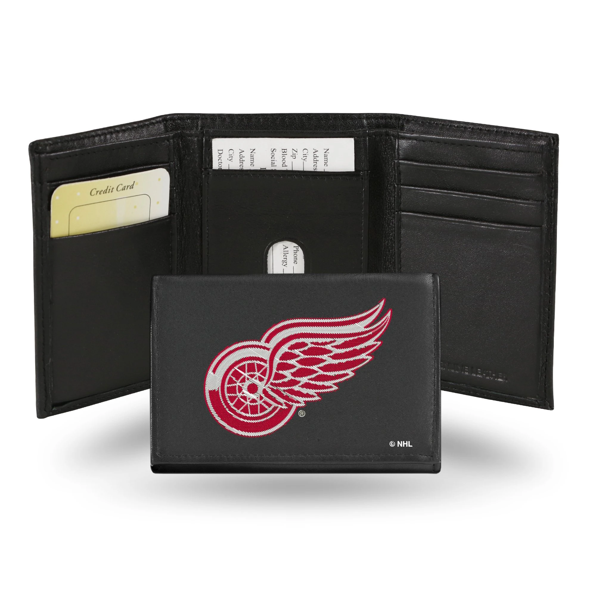 Rico Industries NHL Embroidered Leather Trifold Wallet, Detroit Red Wings, Black, 3.25 x 4.25-