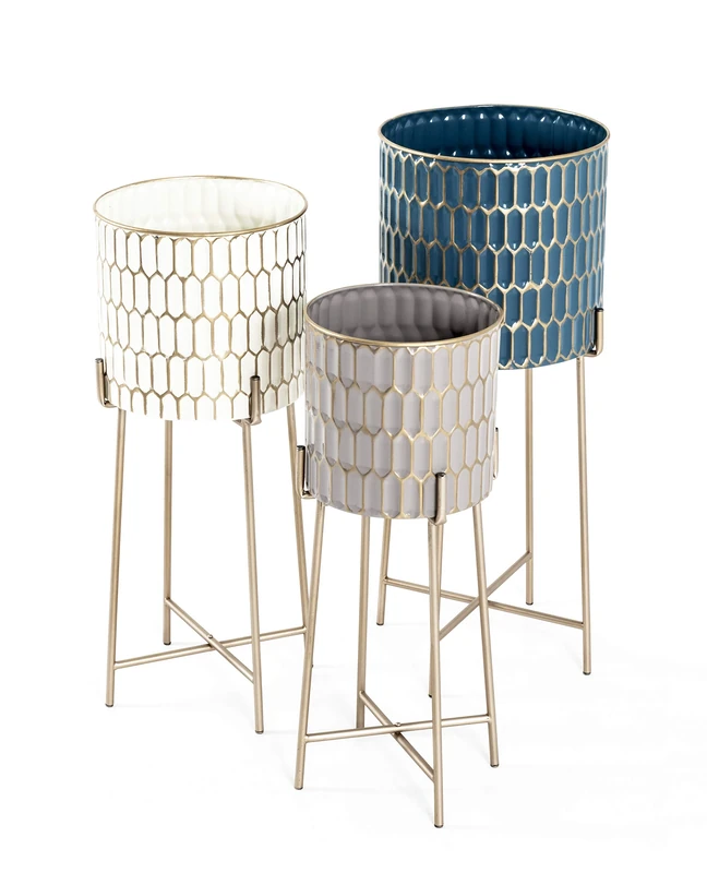 HAKU Möbel Set of 3 Flower Column Cream, Gold, Petrol, Taupe, Metal - Size: H 59/64/70 cm X Ø 22/26/29 cm, Style: Art Deco