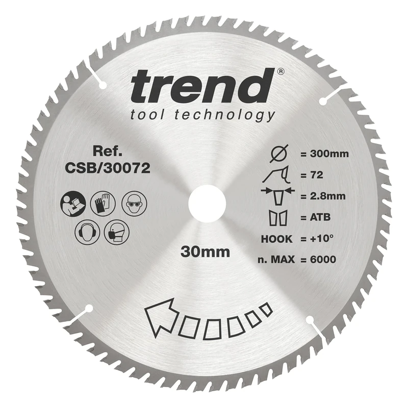 Trend Wood Circular Saw Blade, 300mm Diameter, 30mm Bore, 72 Teeth, 2.8mm Kerf, +10° Hook, TCT, Fine Finish, CSB/30072