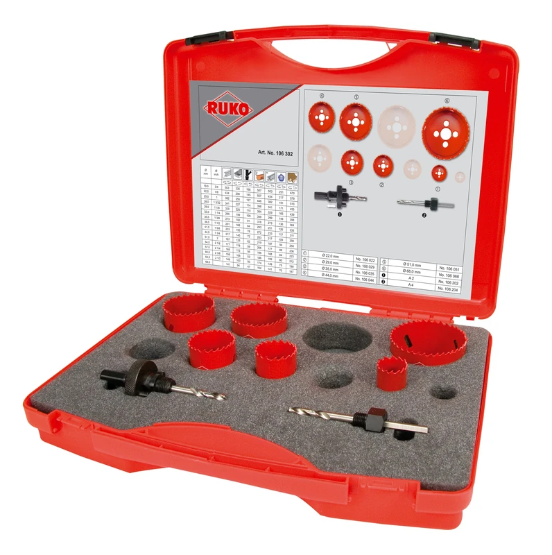 Ruko HSS Bi-Metal Hole Saw Set in Plastic Case, Red Finish, 8 Pieces, R106302