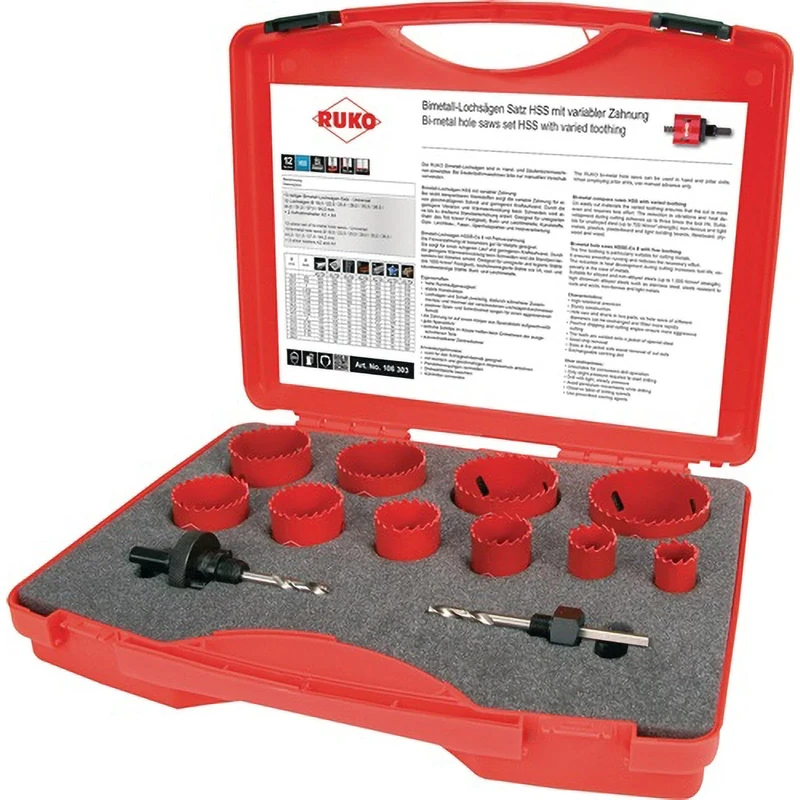 Ruko HSS Bi-Metal Hole Saw Set in Plastic Case, Red Finish, 12 Pieces, R106303