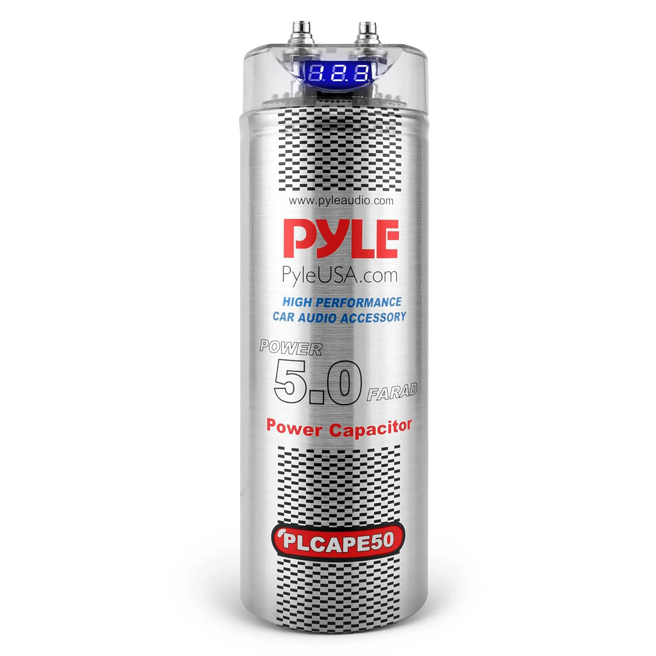 Pyle 5.0 Digital Power Capacitor High-Performance Car Audio Accessory with Blue Digital Display, Voltage Readout, Over Voltage Protection, Mounting Hardware, DC 12-24V, 23x9cm