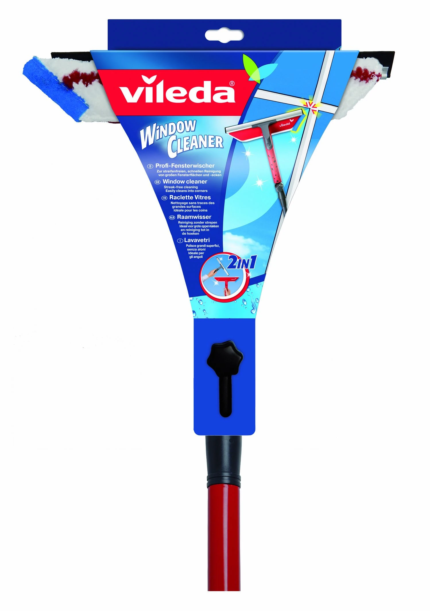 Vileda 2-in-1 Window Cleaner, 1 Count (Pack of 1), Window Wiper, Squeegee, Handle, 2 cm Rubber Blade, Red, White, Grey