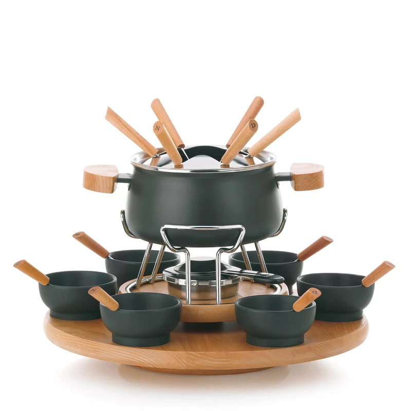 kela meat fondue set 23 pieces, fondue set for 6 persons NATURA, fondue with rotating wooden plate, forks, small bowls, fork holder, fuel paste holder