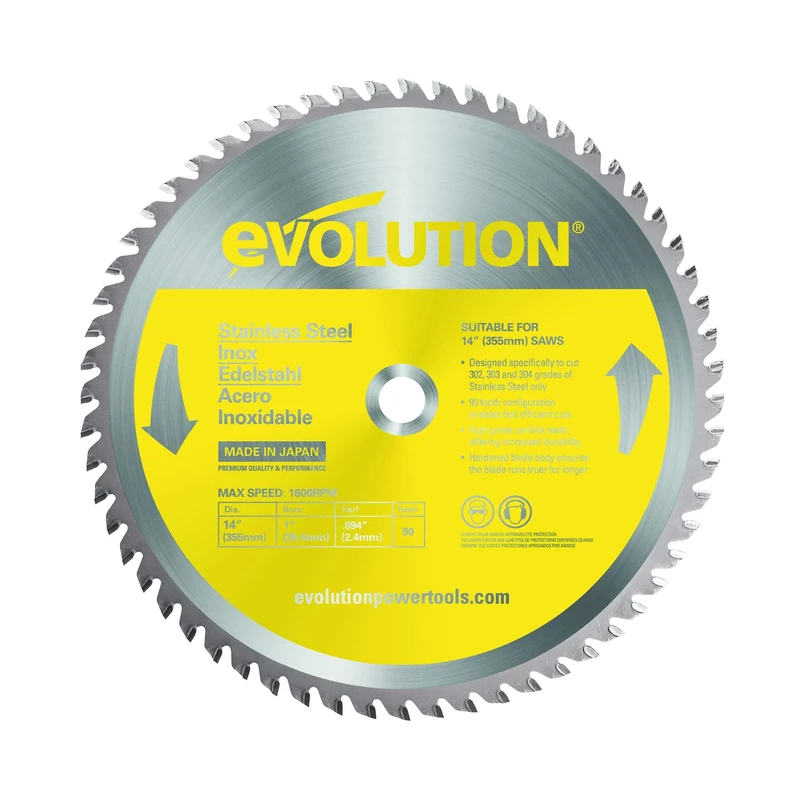 Evolution Power Tools S355TCT-90CS Circular Saw Blade (AKA Chop Saw Blade, Metal Blade) For Cutting Stainless Steel - Carbide Tipped Metal Saw Blade Produces Virtually No Heat, Burrs or Sparks, 355 mm