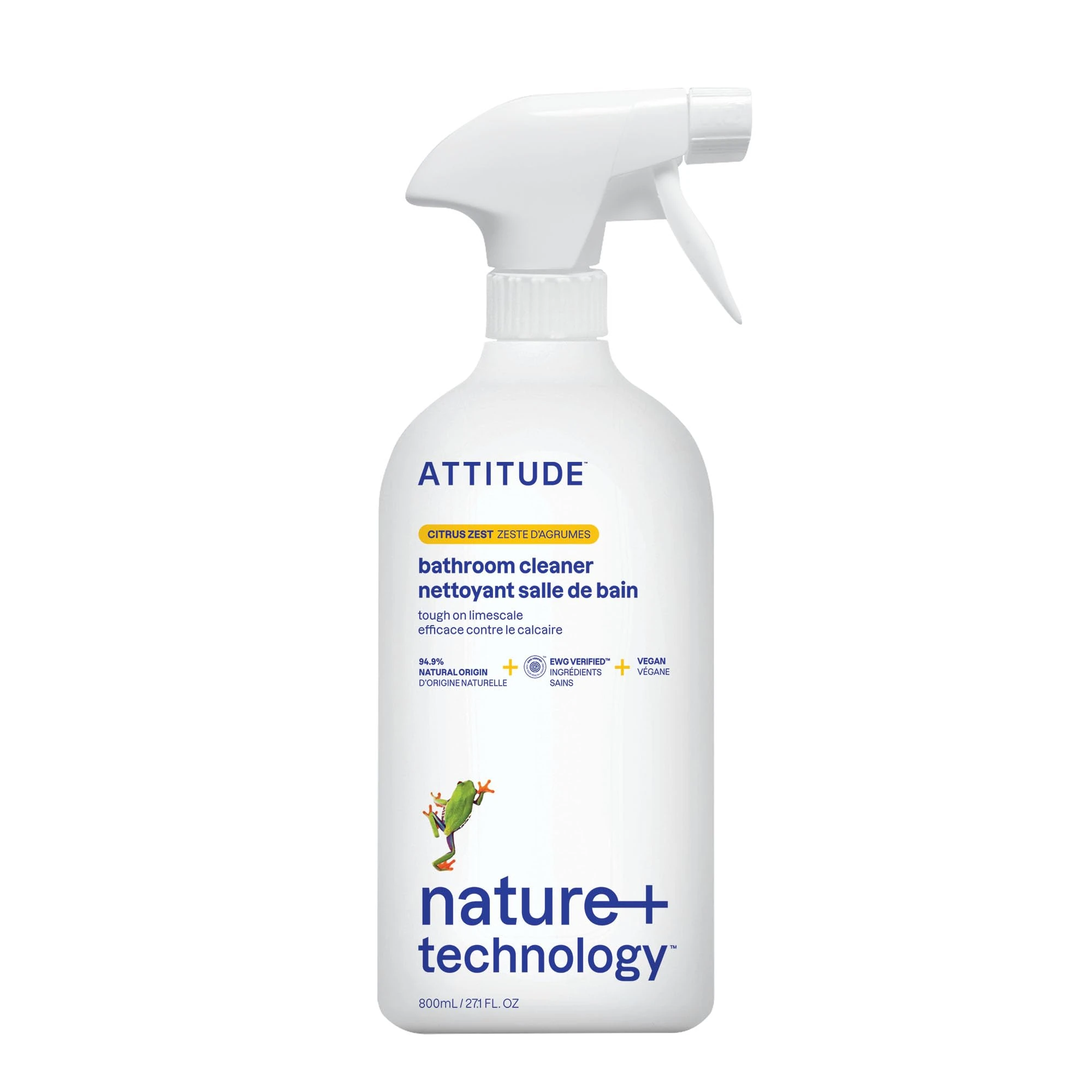 ATTITUDE Bathroom Cleaner Spray, EWG Verified, Plant-Based & Vegan, Safe for Bathroom Surfaces, Tiles, Tubs, Shower Walls, and Grout, Citrus Zest Scent, 800 mL