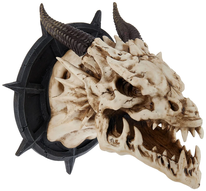 Design Toscano CL4864 Horned Dragon Skull Trophy Gothic Decor Wall Sculpture, 25 cm, Polyresin, Faux Bone