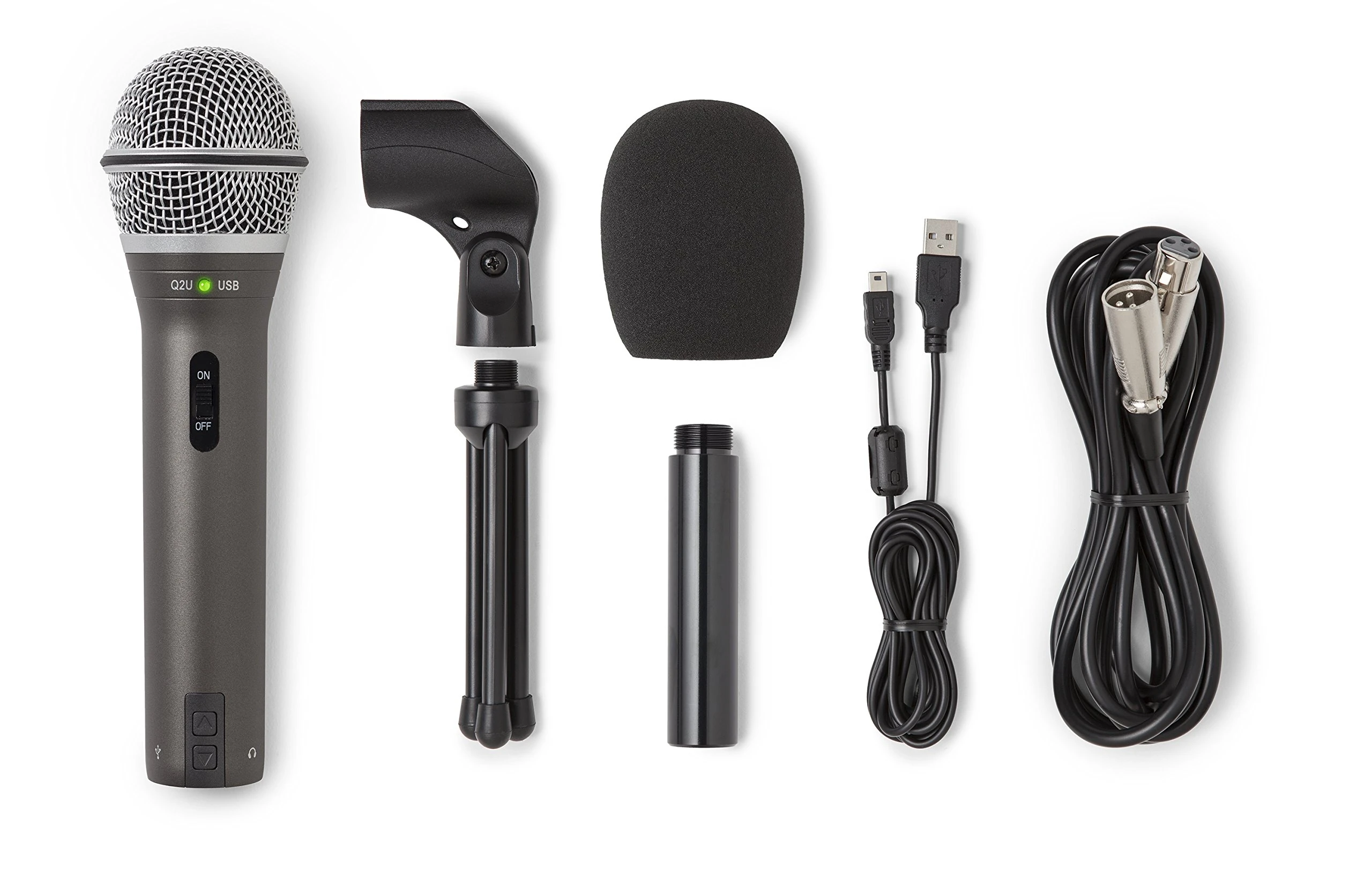 SAMSON Q2U Recording and Podcasting Pack - USB/XLR Dynamic Microphone with Accessories (Includes Mic Clip, Desktop Stand, Windscreen and Cables), 16-bit, 44.1kHz/48kHz, Silver