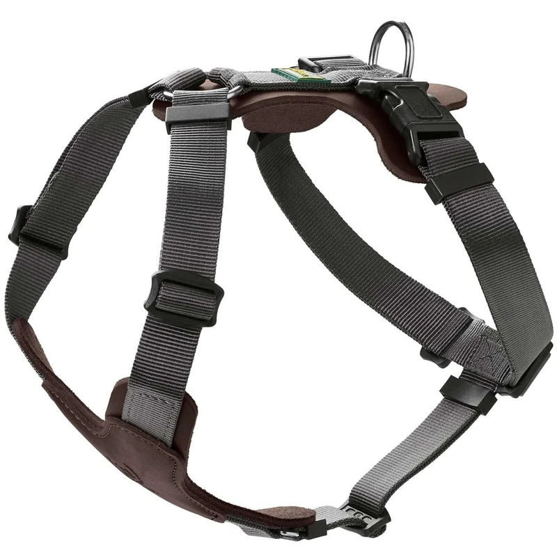 HUNTER AALBORG MIXED Dog Harness Dark Brown/Grey Cowhide Leather/Nylon Adjustable to 5 Positions Lightweight with Plastic Buckles Made in Germany Size: M-L