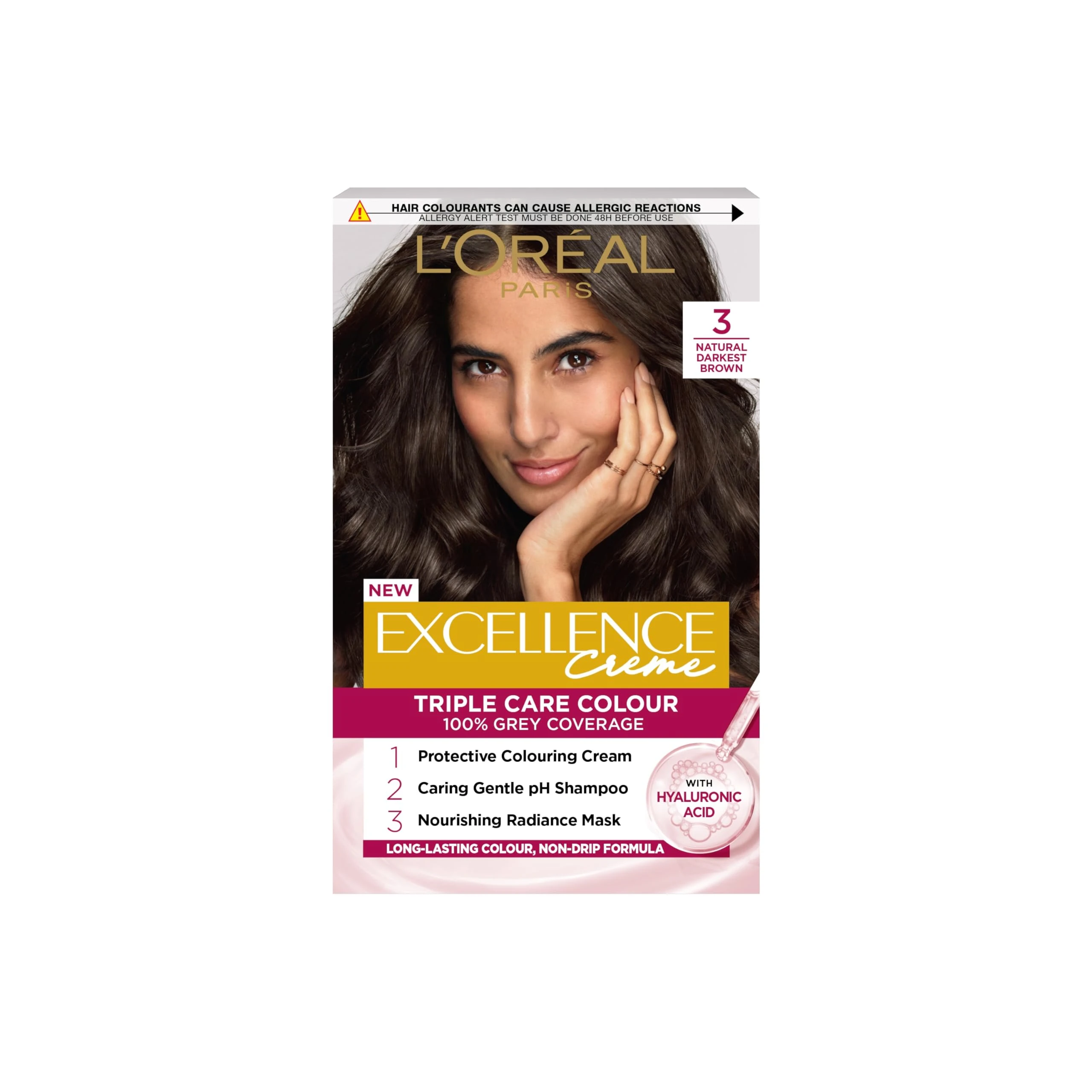 L'Oréal Paris Excellence Crème Permanent Hair Dye, Radiant At-Home Hair Colour with up to 100% Grey Coverage, Pro-Keratin, Up to 8 Weeks of Colour, Colour: 3 Natural Darkest Brown