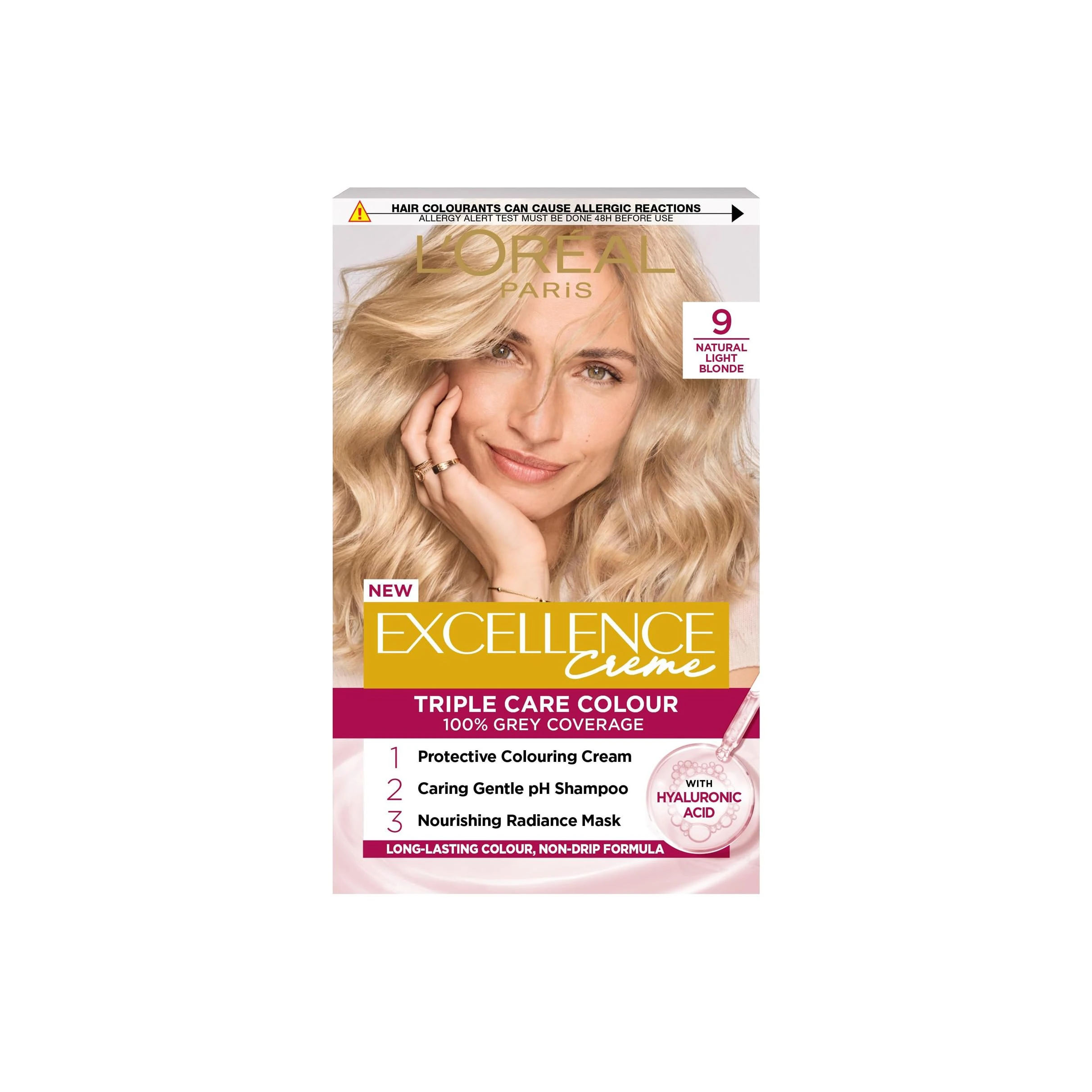 L'Oréal Excellence Créme 9 Natural Light Blonde: 100% Grey Coverage, Visibly Better Hair Quality & 2x Shinier Hair. Get radiant light blonde with long-lasting vibrancy and superior hair health.