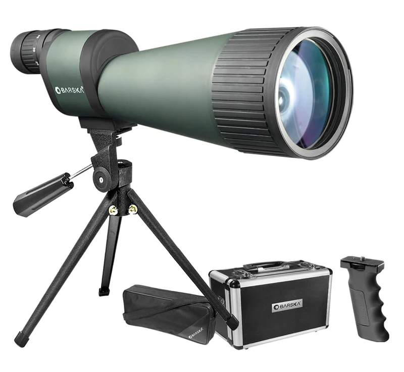 BARSKA Benchmark 18-90x88 Straight Spotting Scope with Handheld Tripod, Table Top Tripod, Soft Carrying Case And Hard Case, Green/Black/Dark Green