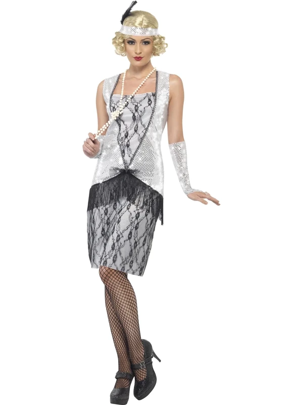 Smiffys Flapper Costume with Dress/Headband and Glovettes (Silver)