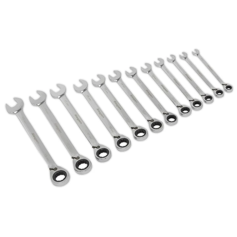 Sealey S0840 Metric Reversible Ratchet Combination Spanner Set, Silver, 12 Pieces