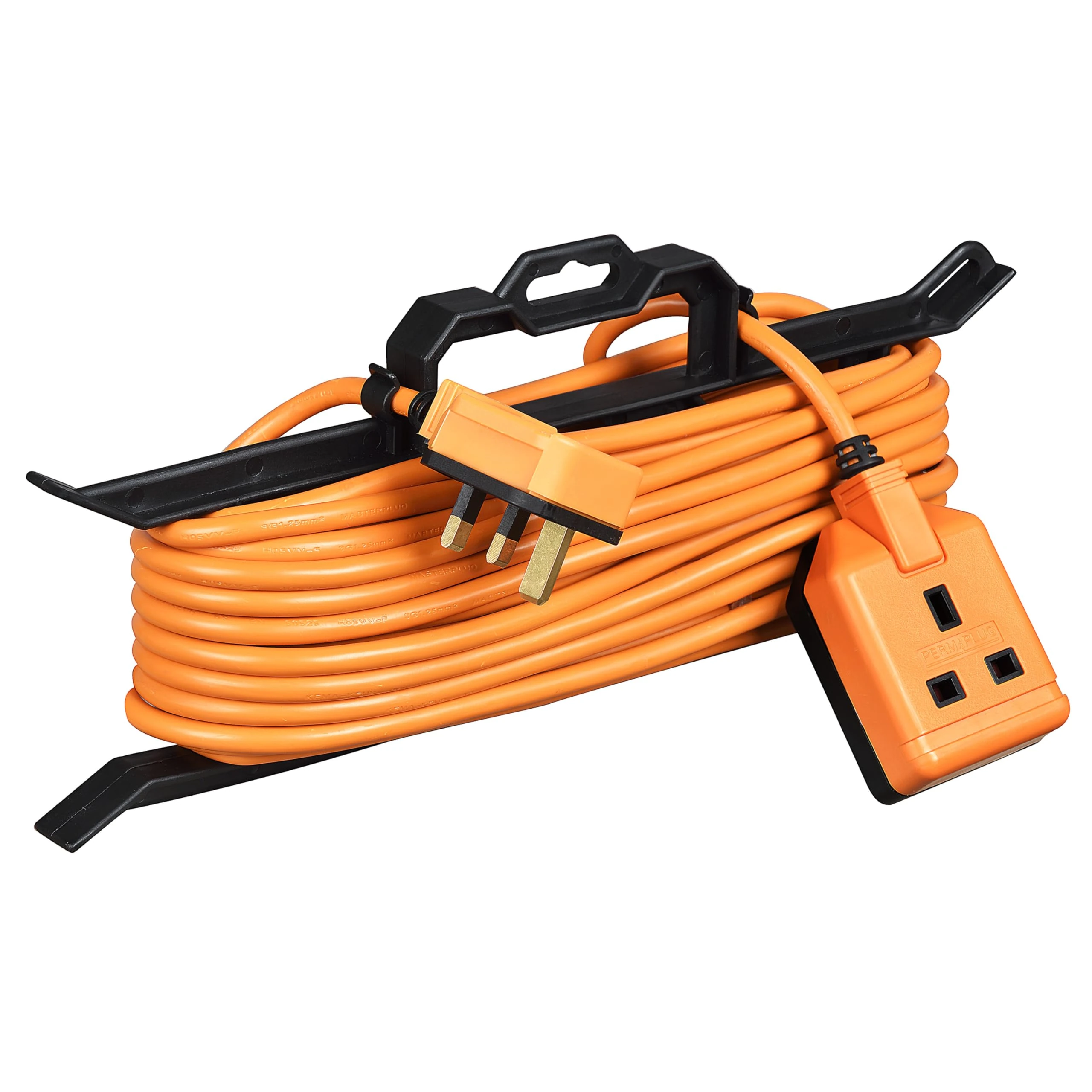 Masterplug One Socket Single Outdoor Extension Lead, 15 Metre Cable, Cable Tidy, Unswitched, Heavy Duty, Rewireable, 1-Way Plug Extension Cable, Orange, 13A, 1G, 15m, CT1513
