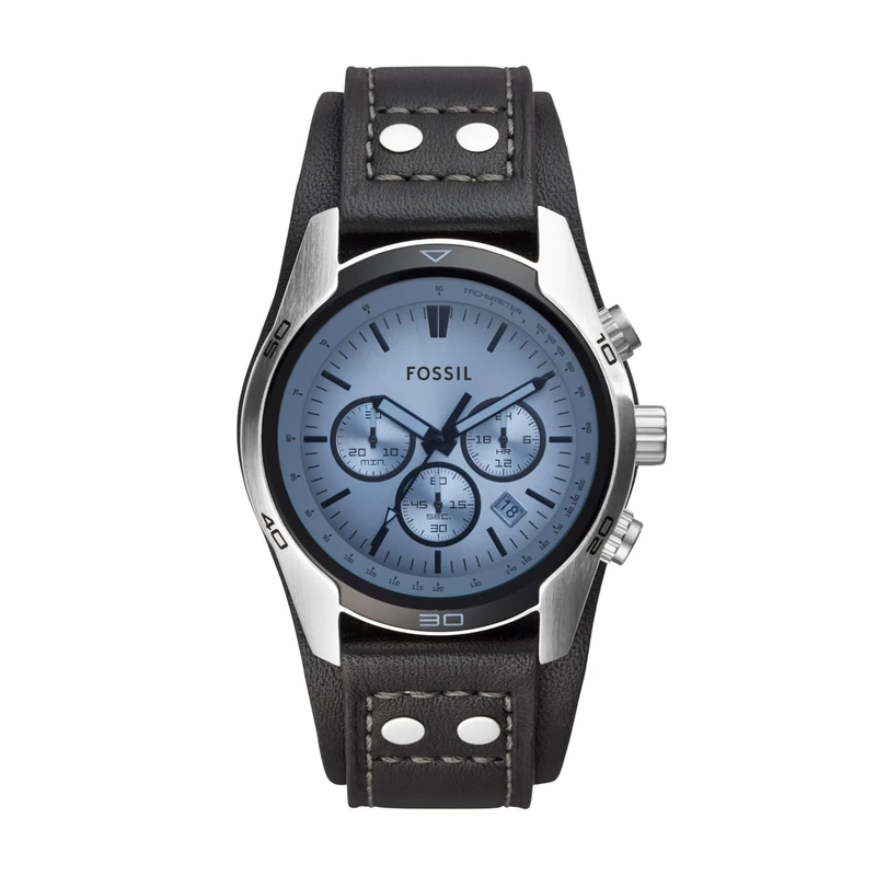 Fossil Watch for Men Coachman, Quartz Chronograph Movement, 45 mm Silver Stainless Steel Case with a Genuine Leather Strap, CH2564