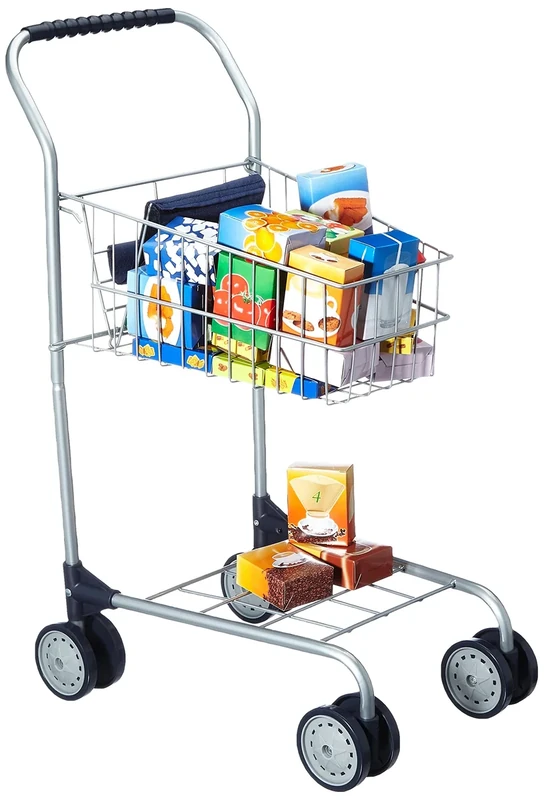 Bayer Shopping Cart with Content, Trolley, Pretend Play Toy, for Ages 3-9, Silver/Contents
