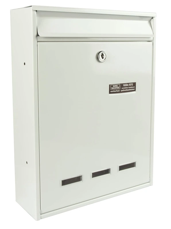 BURG-WÄCHTER Cologne 872 W Perforated System Letter Box Without Newspaper Compartment with Name Plate, 3 Viewing Windows, Galvanised Steel, Insert Format DIN A4, 2 Keys, White (Similar to RAL 9016)