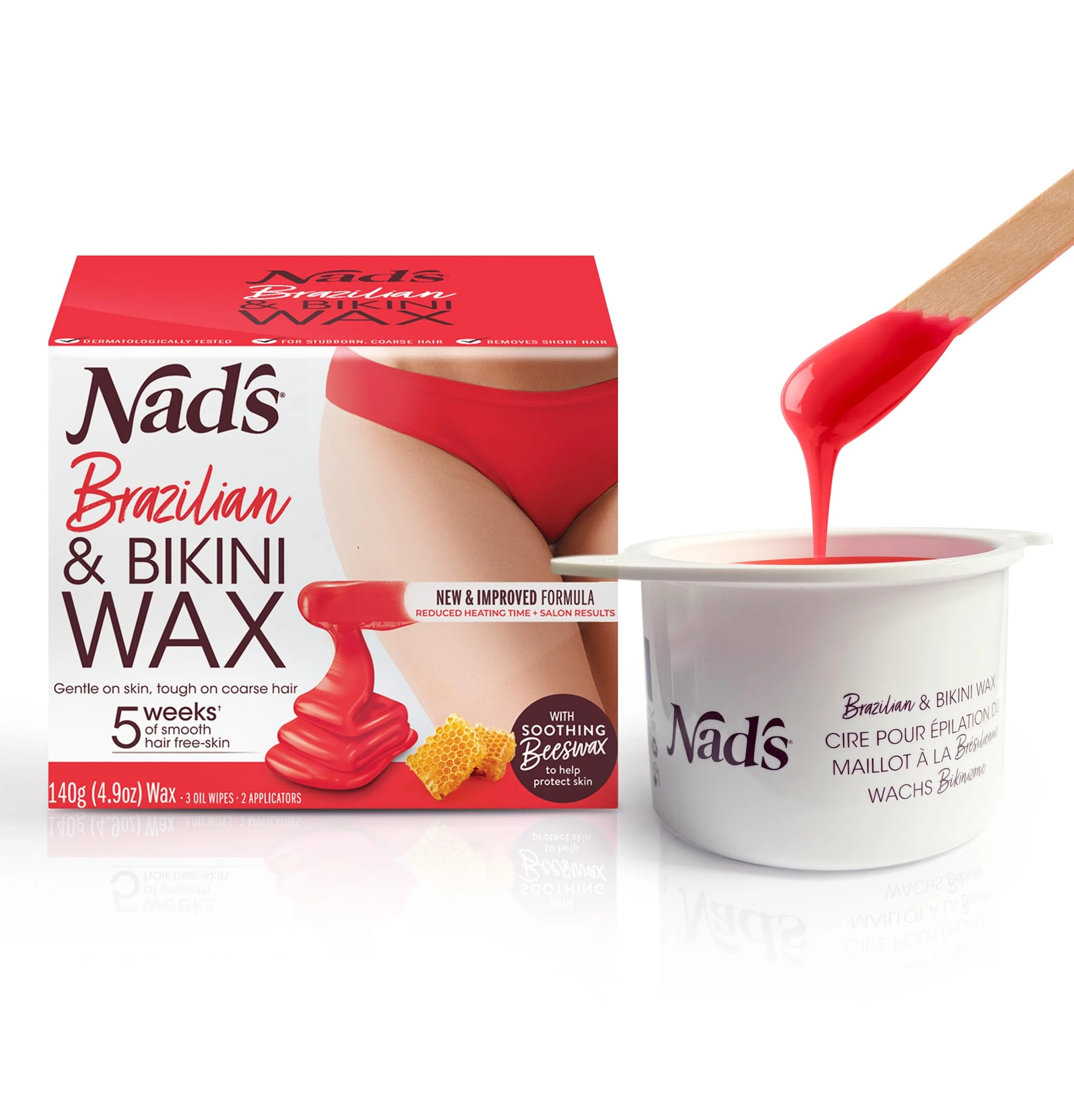 Nad's Brazilian & Bikini Wax Kit, Strip Free Hard Wax, Intimate Waxing Kit, Includes 3 Wooden Spatulas, 3 x Oil Wipes & Hot Wax 140g