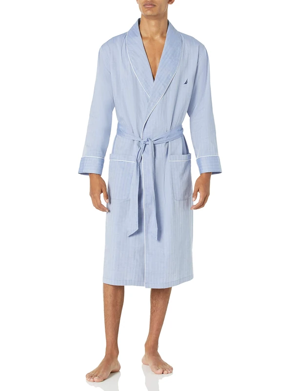 Nautica Men's Long-Sleeve Lightweight Cotton Woven-Robe Bathrobe, Blue Bone, S-M
