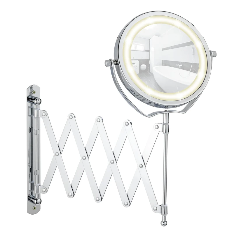 Wenko 3656380100 LED wallmounted cosmetic mirror Brolo illuminated, heightadjustable, swivel function, mirror surface ø 11.0cm, Metal Steel, 18.5 x 38.5 x 45 cm, Chrome