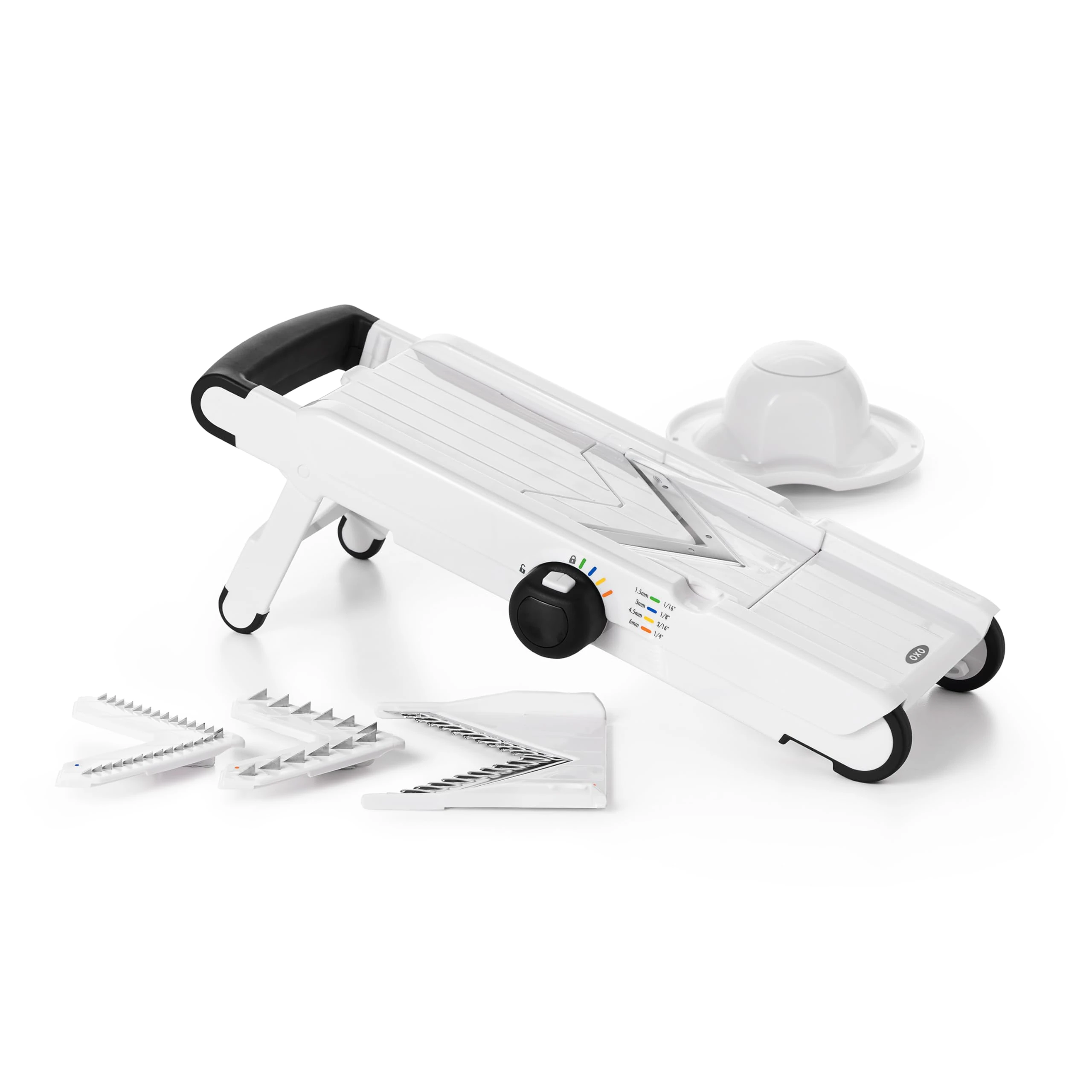 OXO Good Grips V-Blade Mandoline Slicer – Adjustable Stainless Steel Slicer with Julienne & Straight Blades, 4 Thickness Settings & Foldable Storage
