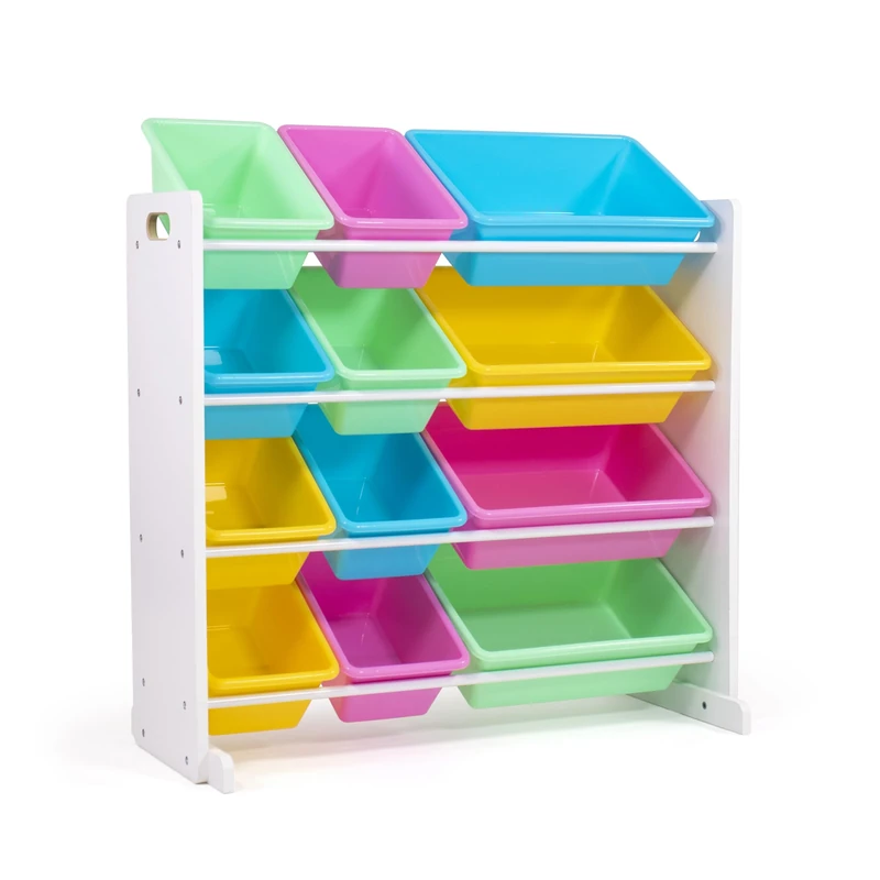 Humble Crew Pastel Wooden Toy Storage Organiser for Children, with 12 BPA Free Plastic Removeable Storage Bins, Ideal for Storing Toys, Games, Books and Craft Supplies - White/Pink/Blue/Green/Yellow