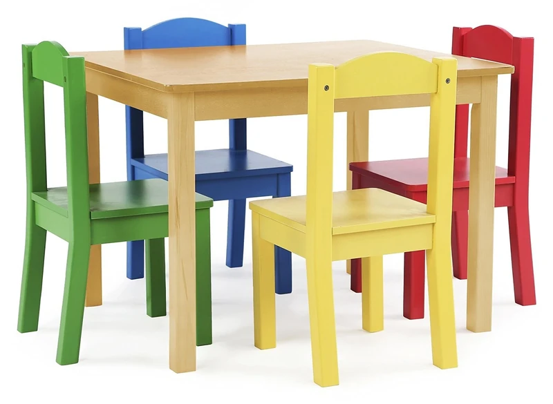 Humble Crew Primary Wooden Square Table and 4 Chairs Set for Toddlers, Easy to Clean Furniture, Ideal for Learning, Playing, Eating and Crafting - Natrual Wood/Red/Green/Blue/Yellow