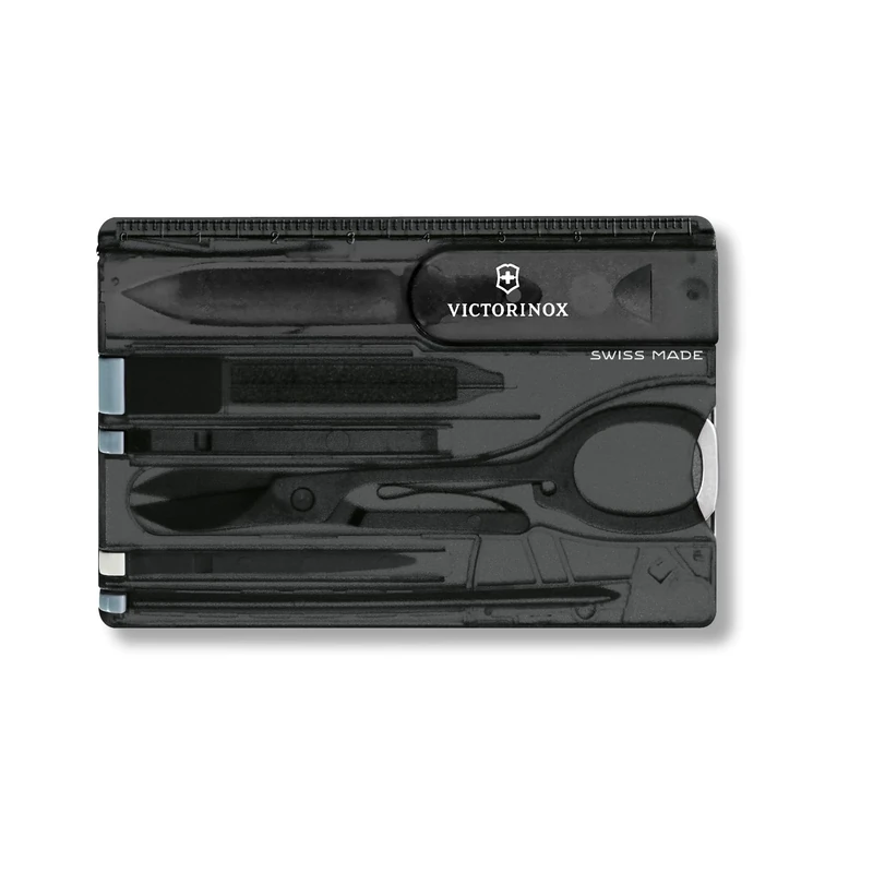 Victorinox Swiss Card, Swiss Army Card Knife, Multi Tool Credit Card Size, 10 Functions, Pen, Scissors, Black Transparent