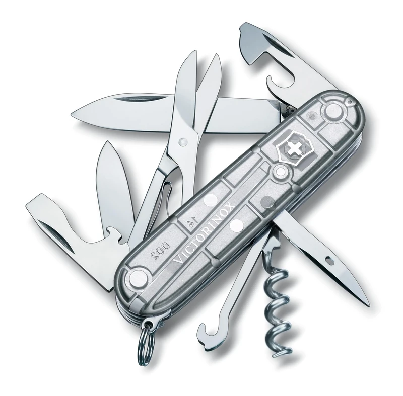 Victorinox Climber Swiss Army Pocket Knife, Medium, Multi Tool, 14 Functions, Blade, Bottle Opener, Silver Transparent