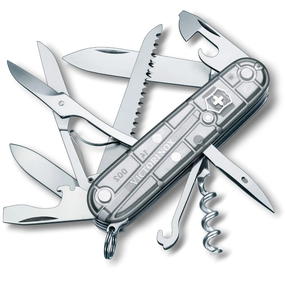 Victorinox Huntsman Swiss Army Knife, Medium, Multi Tool, Camping Knife, 15 Functions, Large Blade, Bottle Opener, Silver Transparent