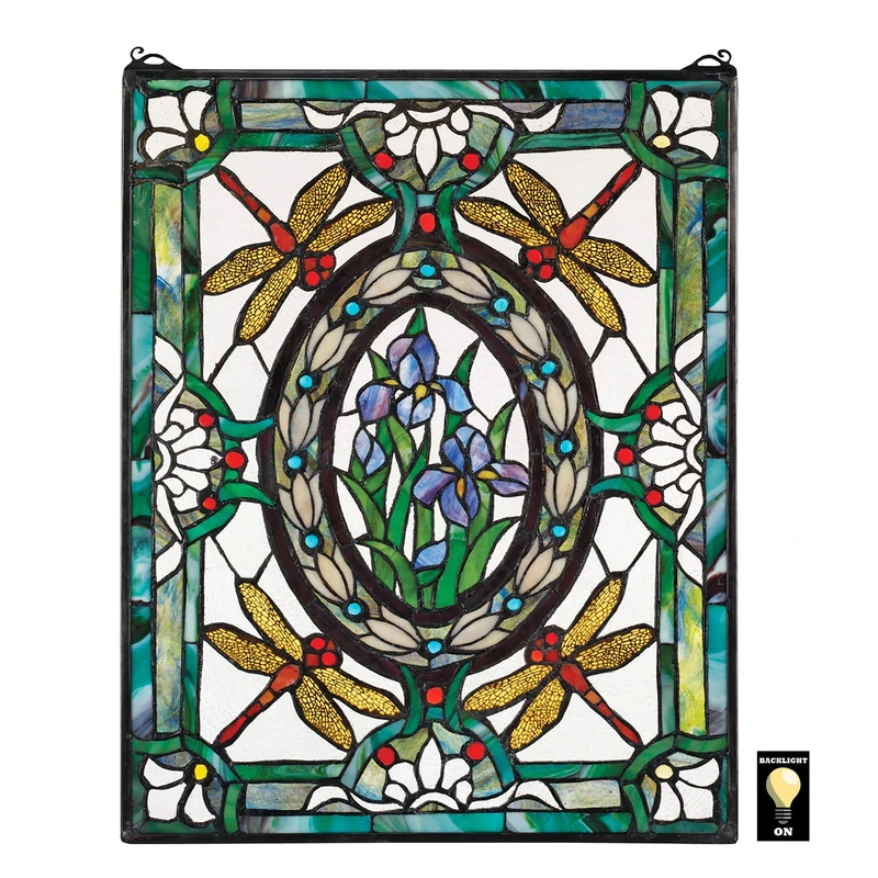 Design Toscano Dragonfly Floral Stained Glass Window Hanging Panel, 63.5 cm, Stained Glass, Full Color