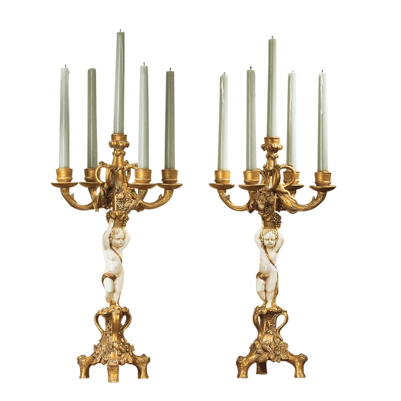 Design Toscano PD2008 The Cherub's Harvest Candelabra Candle Holders, 47 cm, Set of Two, Polyresin, Gold and Ivory