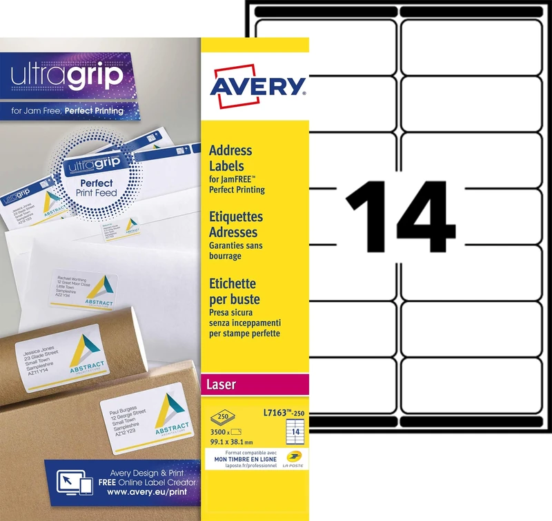 Avery Printable, Customisable Address Mailing Labels, Laser Printers, 14 Labels Per A4 Sheet, 3500 Labels, QuickPEEL (L7163) White, 250 Sheets