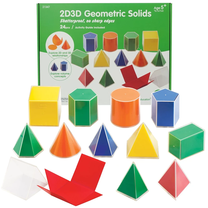 edxeducation 2D3D Geometric Solids | Set of 24 | 12 Multicoloured Shapes, 12 2D Nets and Activity Guide | Early Maths Manipulative for Kids