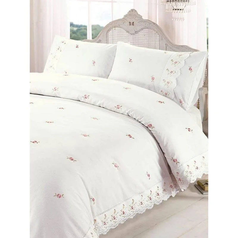 Rapport Home Duvet Quilt Cover Floral Lace Trim Embroidered King Bedding Set, Cream