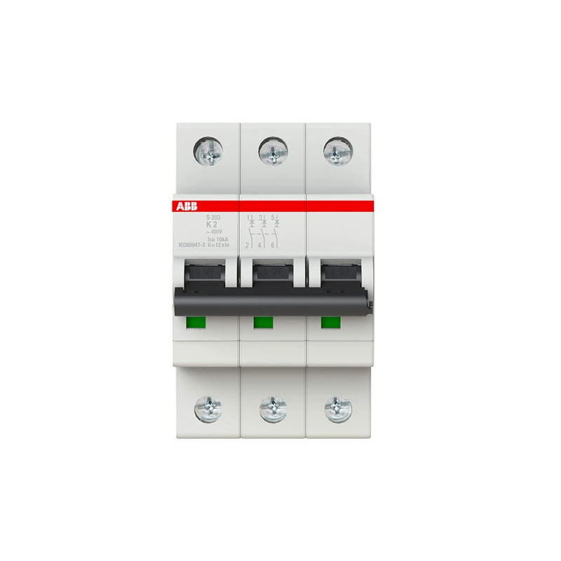 ABB S203-K2 Miniature Circuit Breaker, 3 Pole, Type K, 6/10kA Breaking Capacity, 2 Amp Current (2CDS253001R0277)