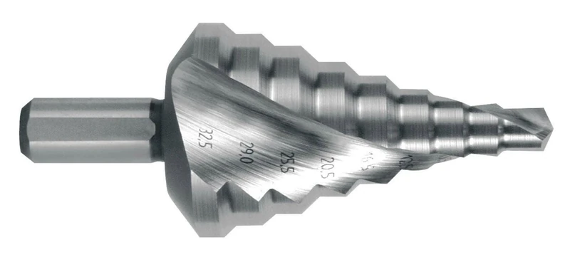 RUKO HSS Spiral Fluted Step Drill Bit with Split Point for Metric Cable Connections, Bright Finish, 6.5-32.5 mm Diameter, Size 15, 79.0 mm Length, R101092