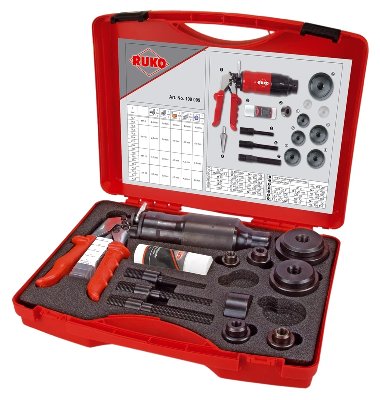 Ruko Screw-Hole Punch Set with Compact Manual Hydraulic Punch in Plastic Case, 12 Pieces, R109009