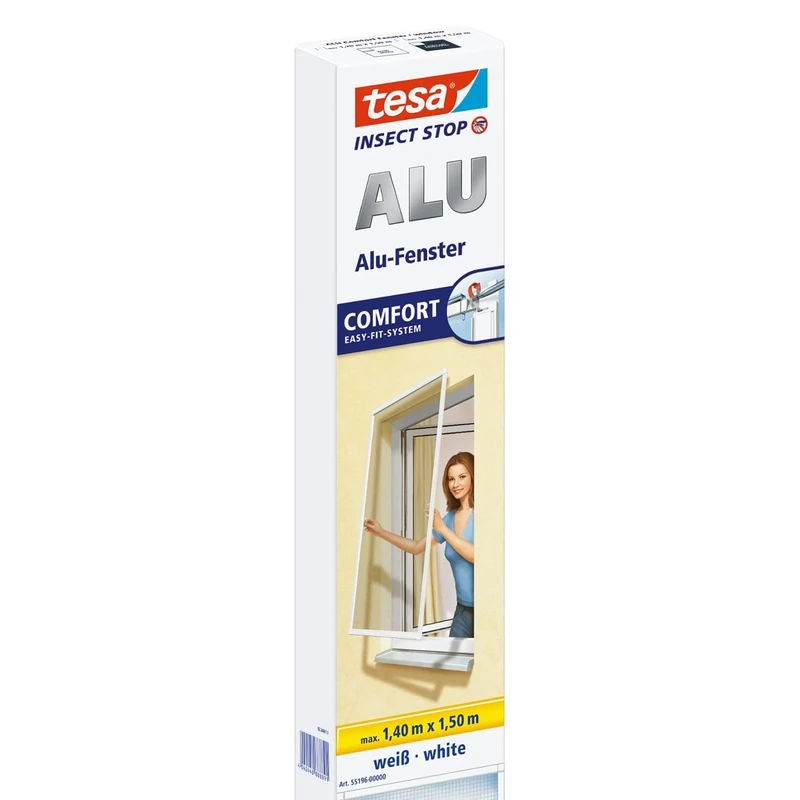 tesa® Insect Stop ALU COMFORT Fly Screen for Windows - Insect Screen With Aluminium Frame - Fly Net Without Drilling - White, 140 cm x 150 cm
