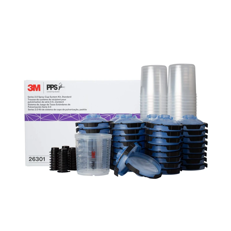 3M PPS 2.0 Spray Gun Cup, Lids and Liners Kit, 26301, Standard, 22 Ounces, 125-Micron Filter, Use for Cars, Furniture, House and More, 1 Paint Cup, 50 Disposable Lids and Liners, 32 Sealing Plugs